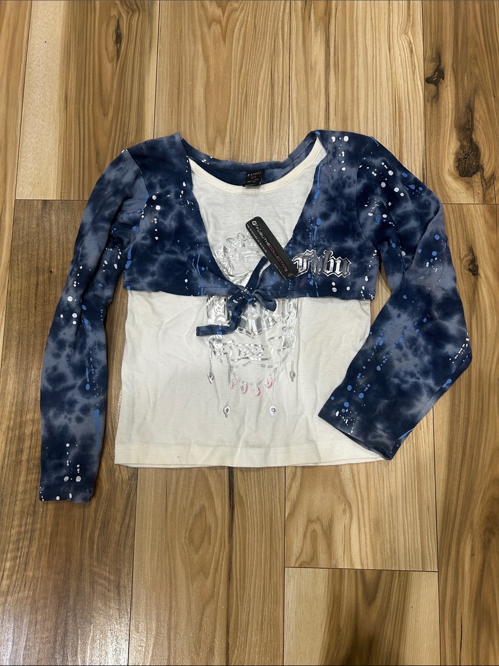 FUBU Navy Tie-Dye Shrug Over White Graphic Top